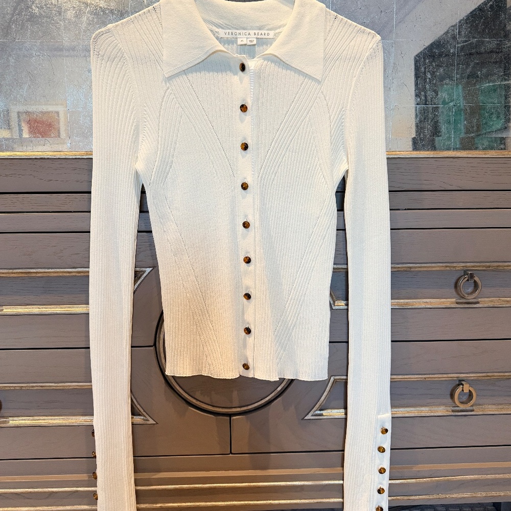 Veronica Beard White Fiola Ribbed Long Sleeve Slim Cardigan XS